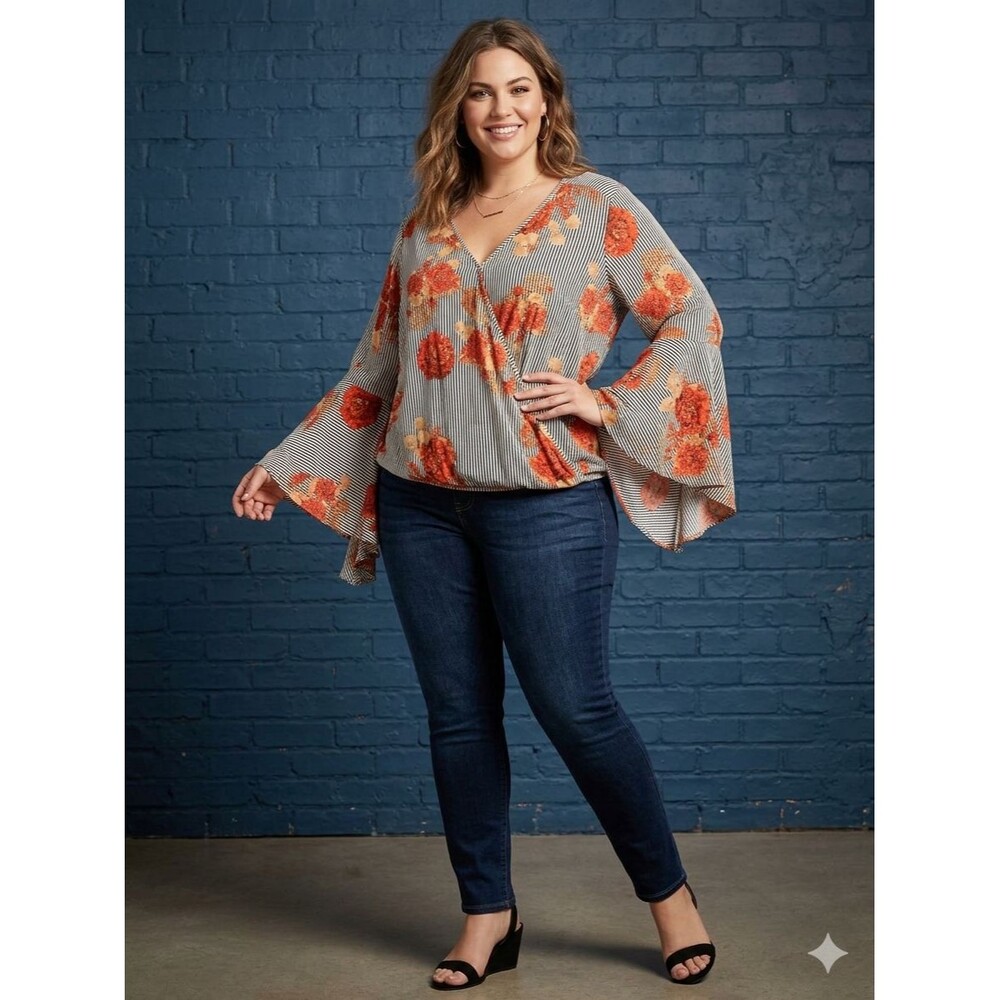 Unique Spectrum Plus Size Wrap Blouse Women's 3X Geometric V Neck Long Sleeve